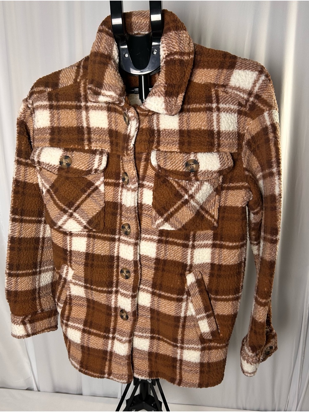 Love Tree Brown and Cream Plaid Fleece Shacket Jacket
